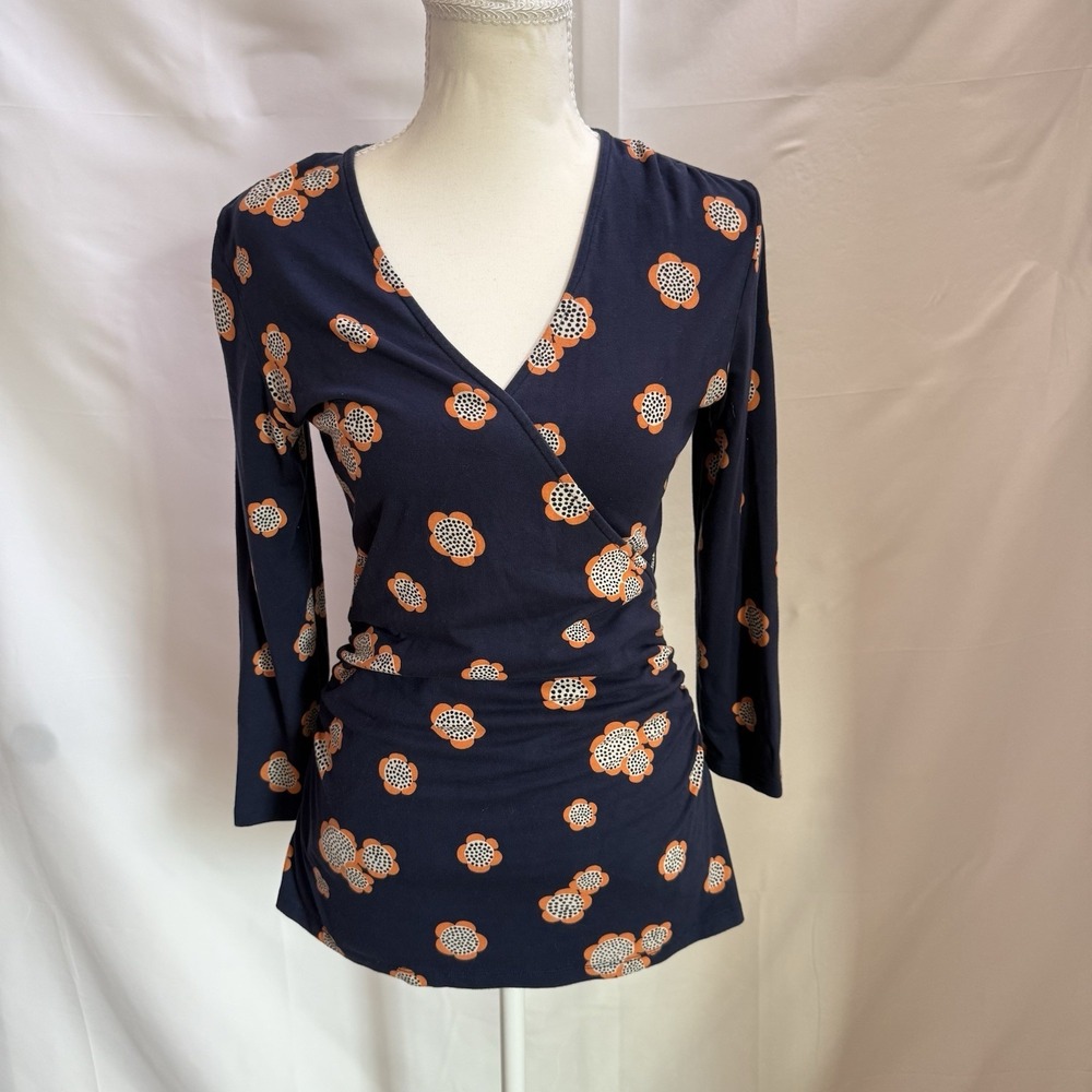 Boden Faux Wrap‎ Blouse 8 Navy Floral Stretch Ruched 3/4 Sleeve Preppy Office